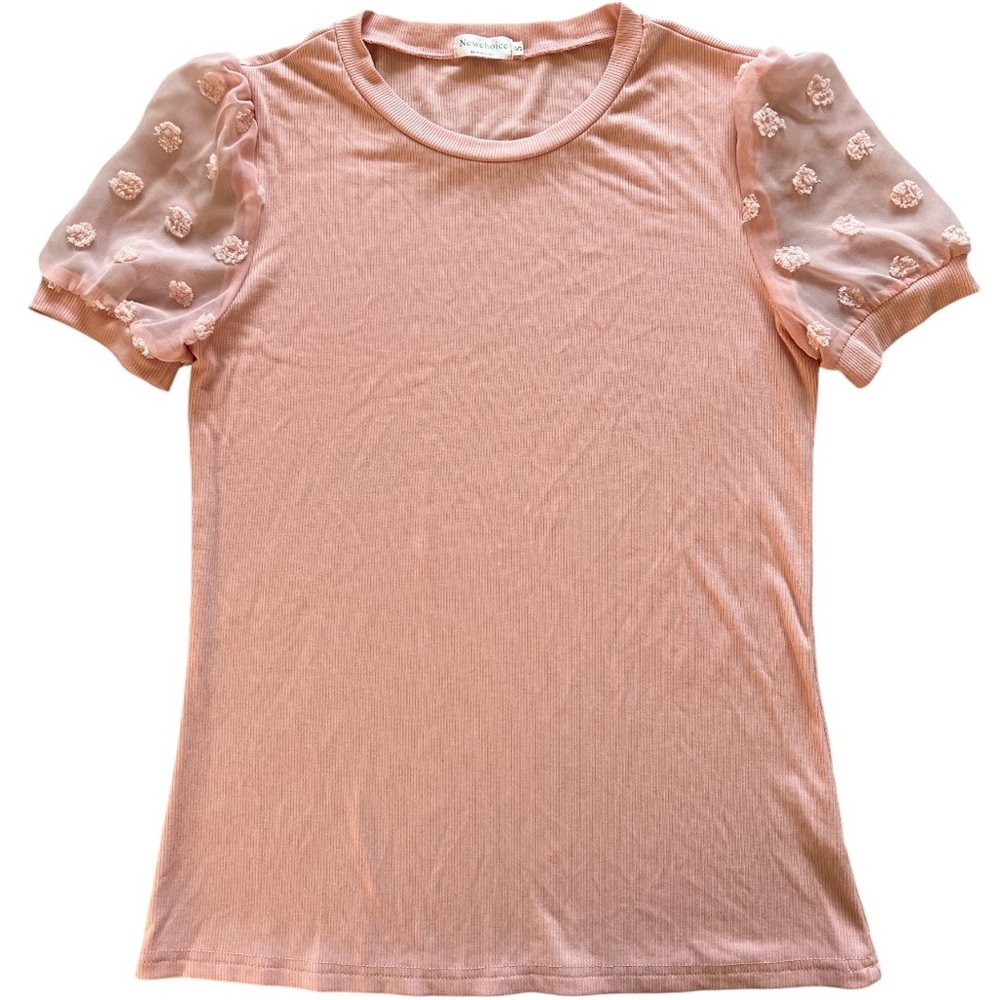 Newchoice Womens Pink/Salmon Crew Neck Ribbed Short Sleeve Blouse - SM